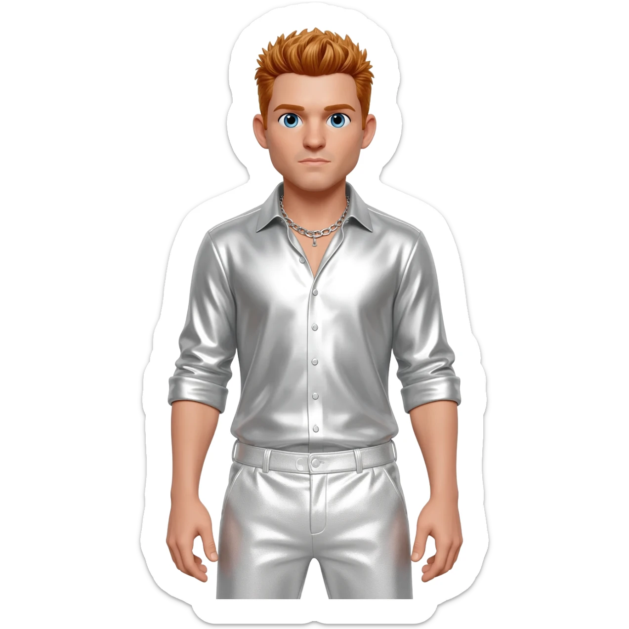 Brian Littrell from Backstreet Boys with blue eyes, reddish blonde hair, white metallic shirt, white metallic baggy pants, silver necklace sticker