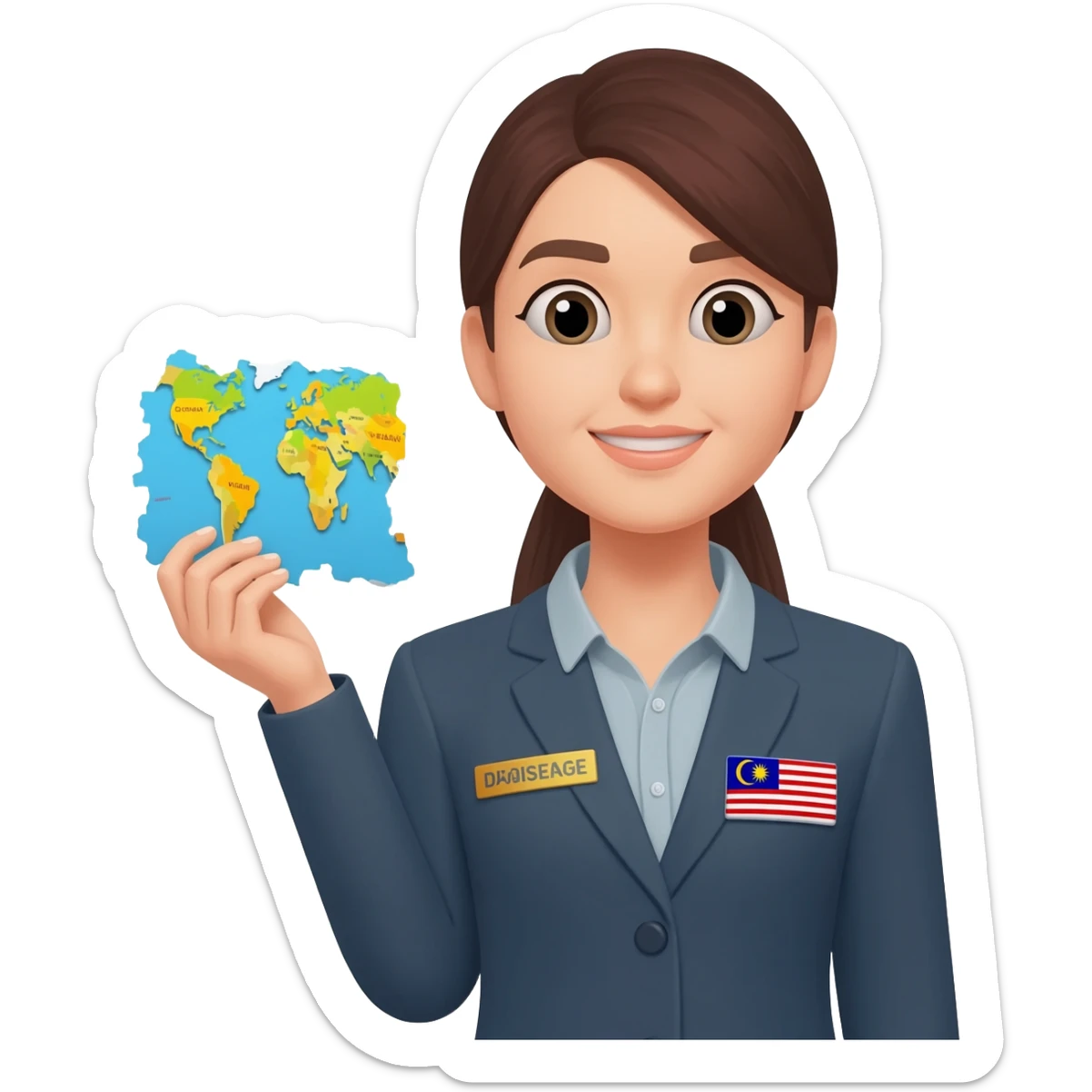 Female Malaysian Tourist Guide with Badge hold Small piece of World Map sticker