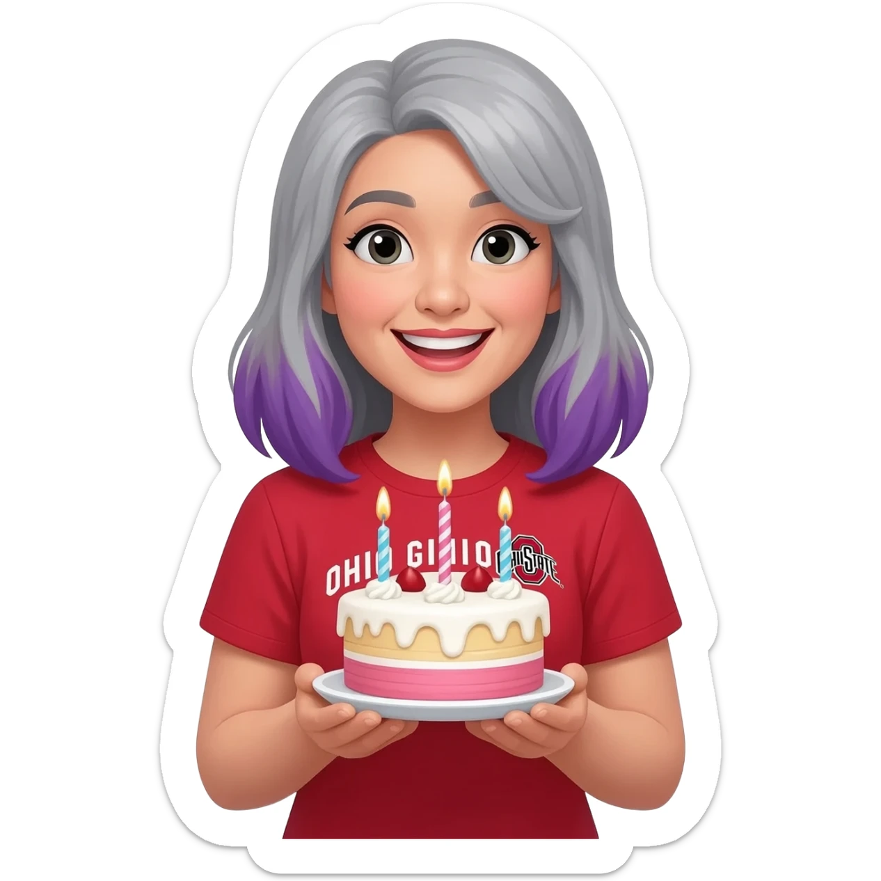 Asian Jewish woman with unique gray and purple hair wearing Ohio state shirt happy y birthday sticker