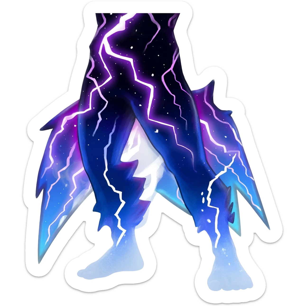 starry sparky fizzy Black-Dark-Vortexed Lightning-strike-zig-zag-patterned striking indigo-violet-blue-cyan-gradiented with dark undertones, white underside, thunderous stormy edgy badass realistic Vernid-Sergal-Genet-Trico-species by LiLaiRa, full body sticker