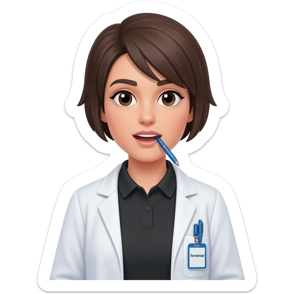Hacer un emoji con bata, que se alcance a ver una bolígrafo azul en la bata, una polo color negro y un gafete colgando que diga forense, la cara que sea un poco femenina, cabello corto, que de su boca salga un globo de hablar que diga 53 sticker
