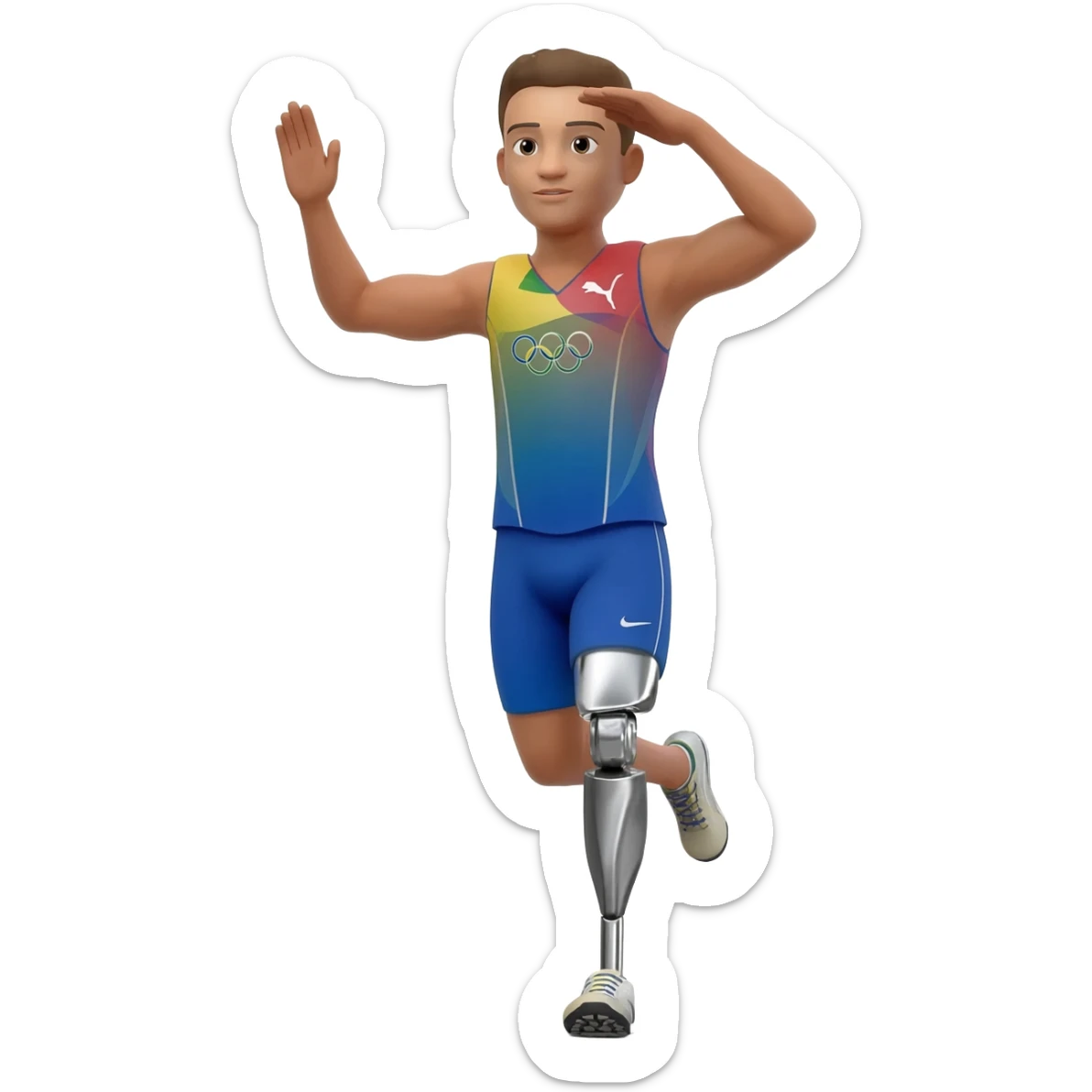 the salute emoji but the emoji is inside a olympic race and is running using the iron leg emoji and instead of a hand doing the salute u use feet sticker
