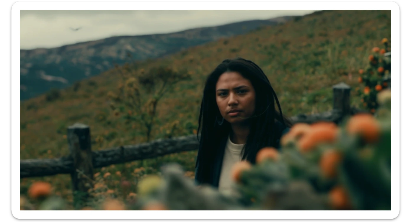 A portrait of a person in the foreground, blurred plants in the foreground (close to the camera), a wooden fence in the midground, rolling hills in the background, cinematic depth of field, layered composition, natural lighting sticker