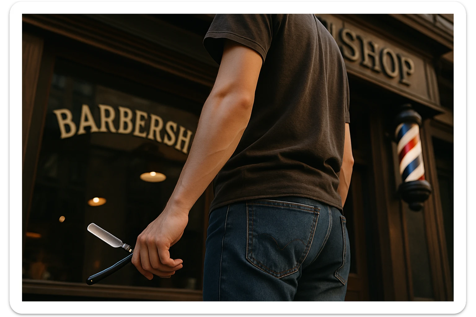 sartaroshxona oldida turgan yosh yigit bir qo'lida ustara bilan pastroqdan rakurs yuzi ko'rinmasin sticker