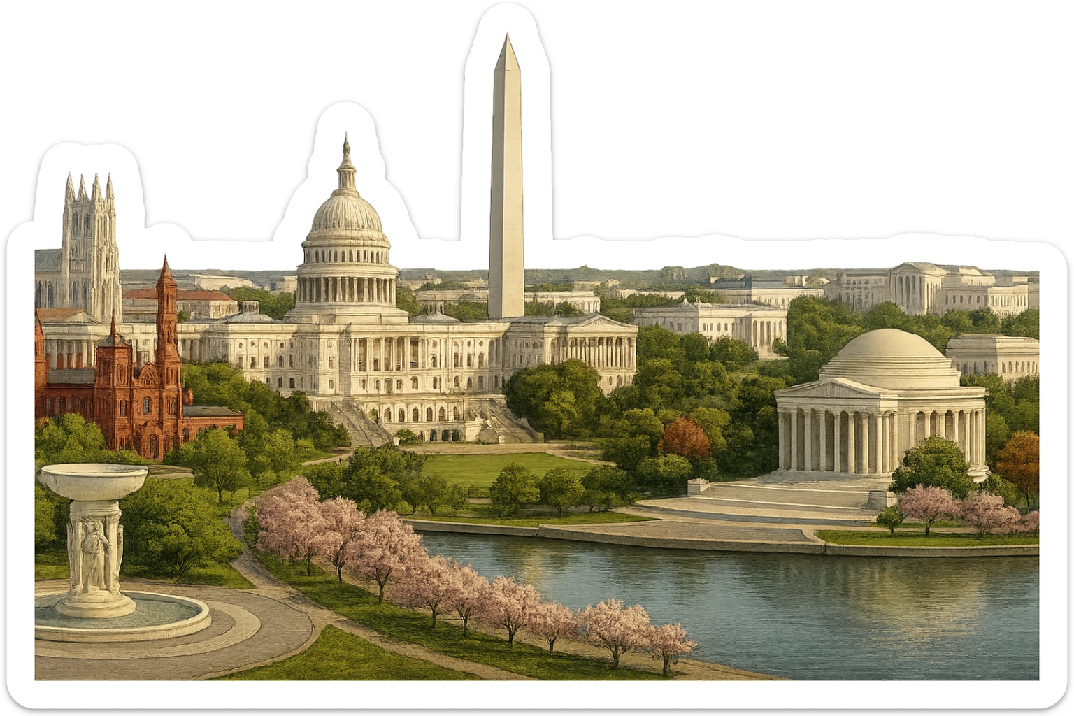 cinematic realistic emoji of Washington DC, panoramic cityscape with US Capitol, Washington Monument, Lincoln Memorial, Jefferson Memorial, White House, Smithsonian Castle, National Cathedral, Supreme Court, Tidal Basin with cherry blossoms, Dupont Circle Fountain, lifelike detail, accurate colors, bright daylight, no sky, no clouds, no text, transparent background sticker