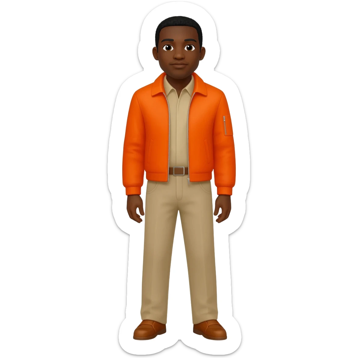 Black male orange jacket and beige shirt and pants brown shoes black hair sticker