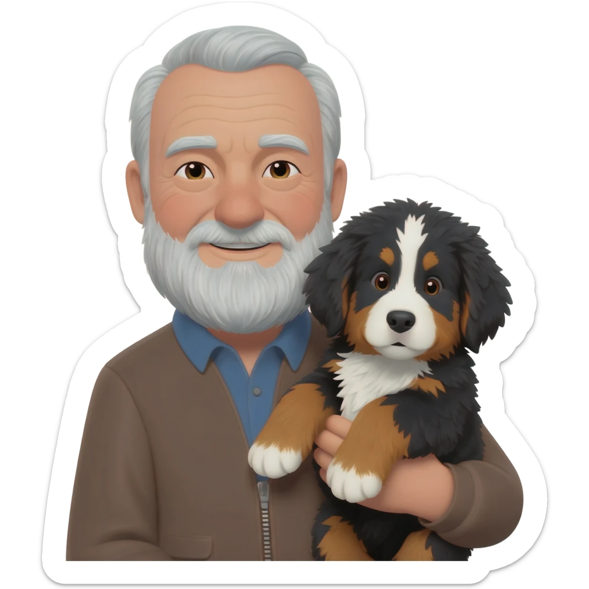 old gentle man holding a bernese mountain dog puppy sticker