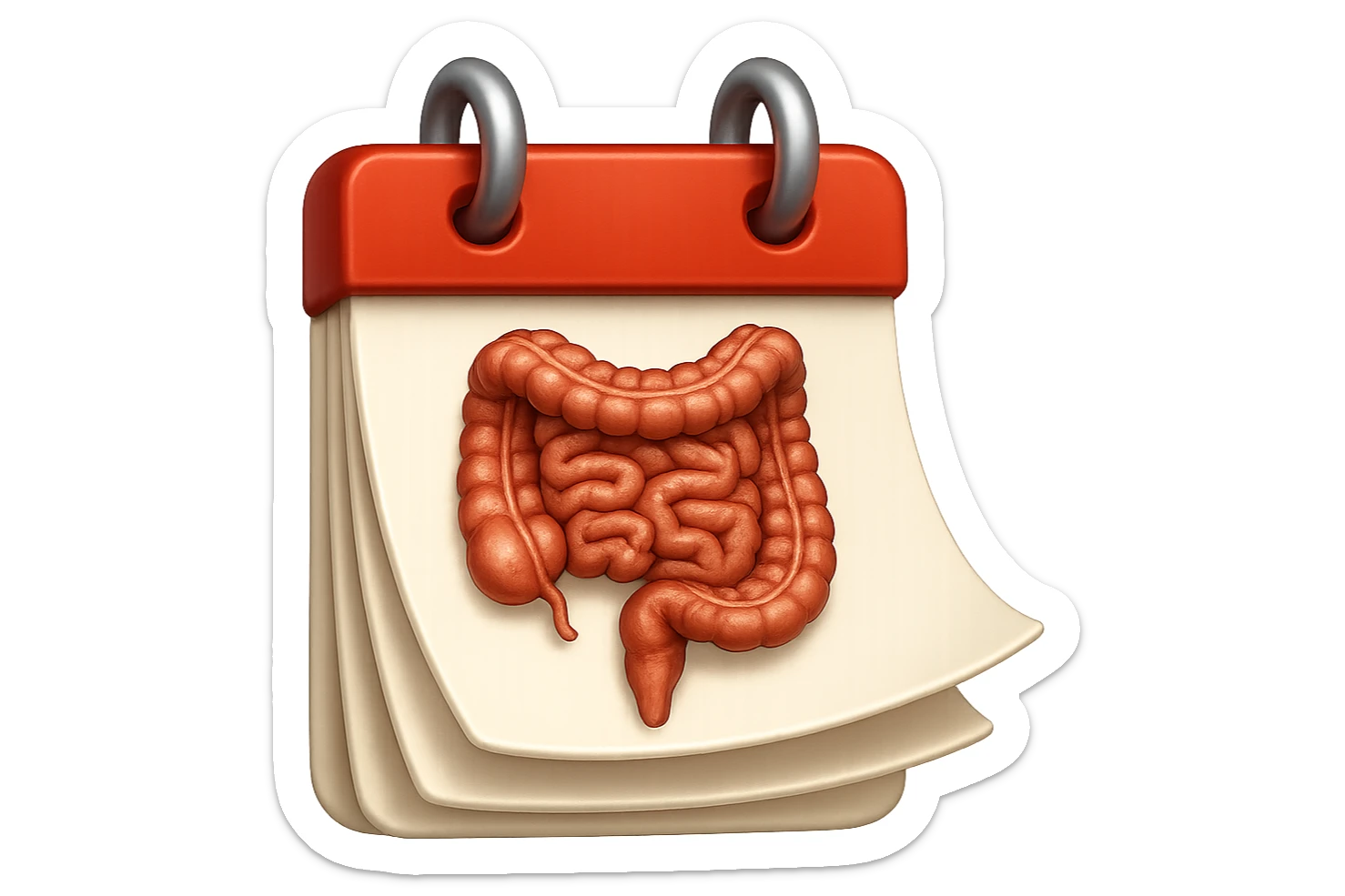 emoji stile iphone di un calendario con fogli che volano insieme, sui fogli ci sono disegnati degli intestini anatomici, iperrealistico 4k, isolato su sfondo bianco sticker