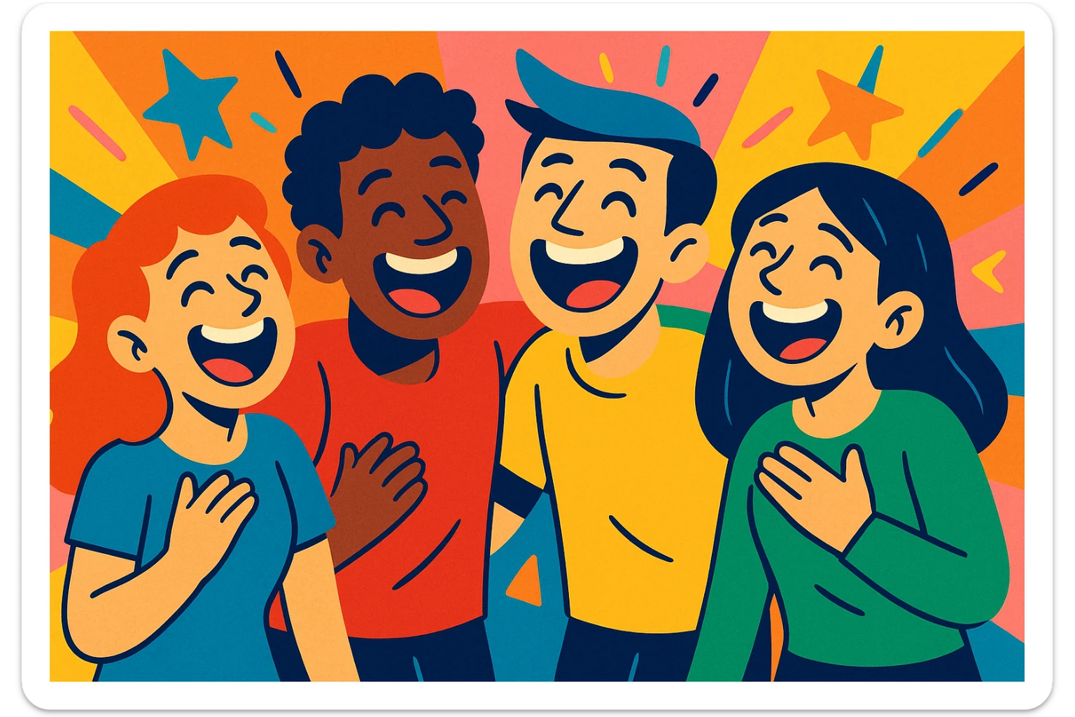 a group of friends laughing together, vibrant cartoon style, colorful, joyful, expressive faces sticker