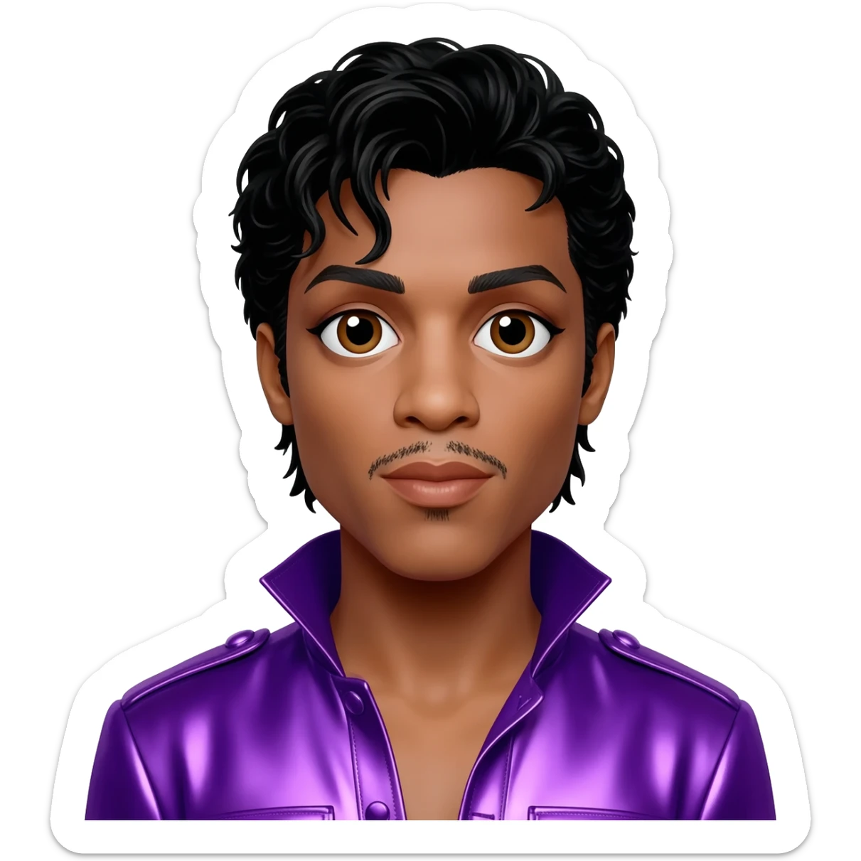 Prince Rogers Nelson with brown eyes, black hair, purple metallic outfit sticker