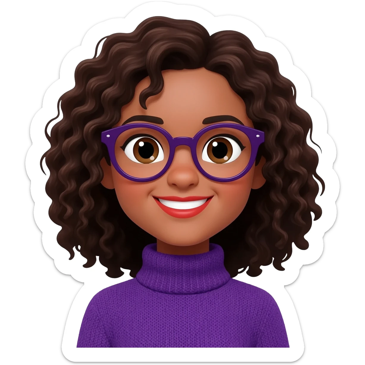 medium fair-skinned girl with brownish black eyes, roundish ovalish dark purple glasses, curly dark brown hair, purple turtle neck sweater, smiley red lips sticker