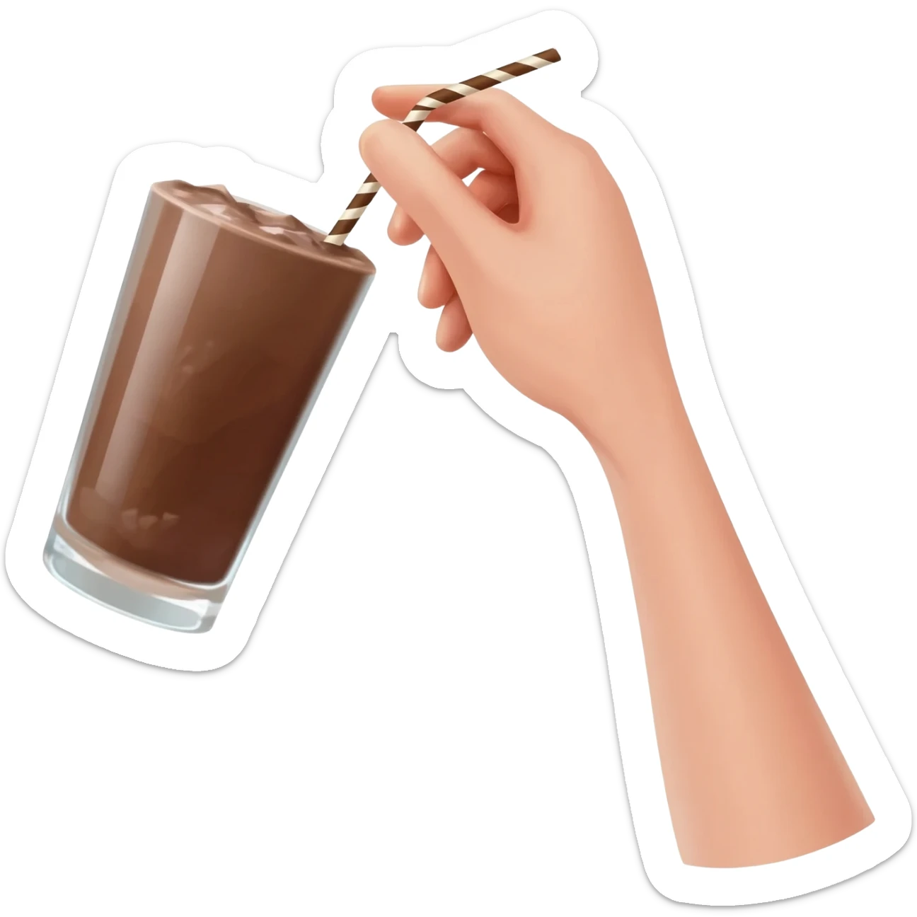 chocolat froid dans un grand verre avec une paille tenue par une jolie main de femme Style Pinterest réaliste sticker