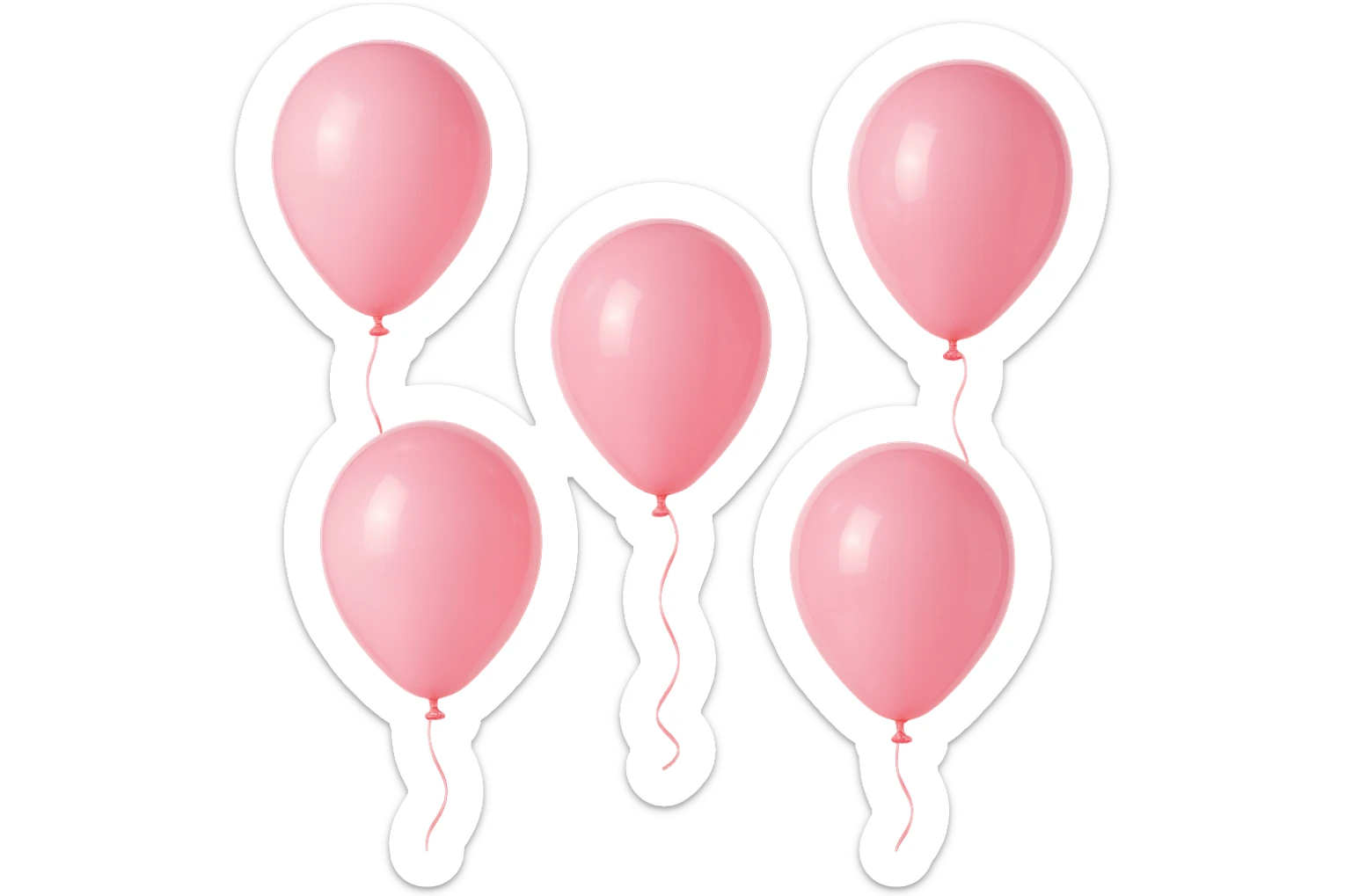 5 palloncini rosa fluttuano in aria isolati su sfondo bianco, iperrealistico 4k sticker