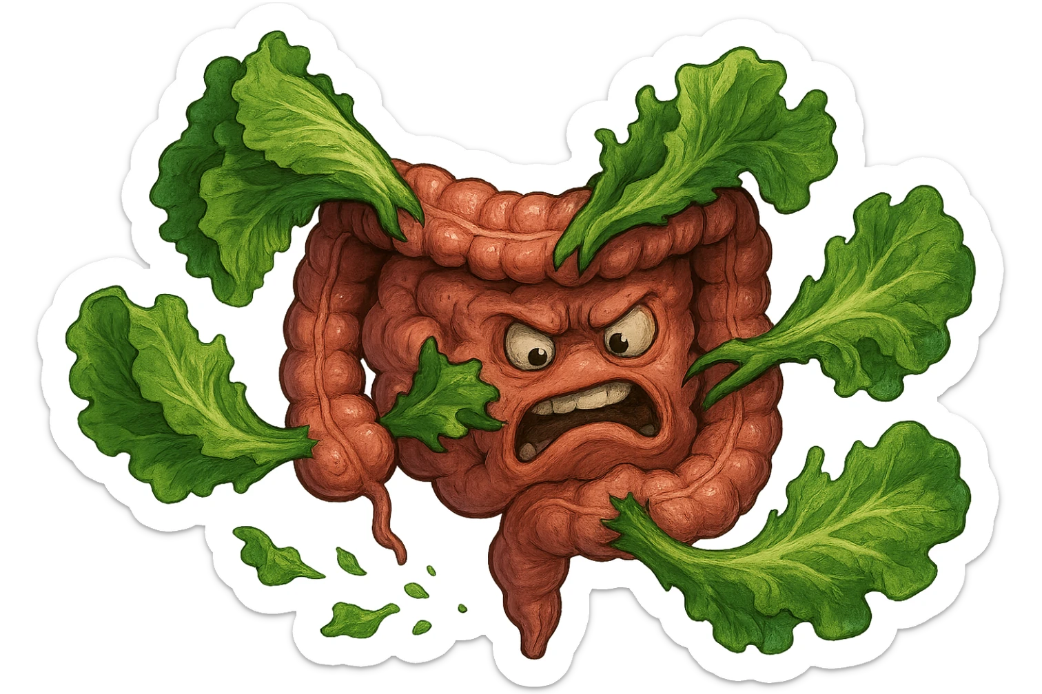 foglie di insalata che attaccano un intestino anatomico umano per distruggerlo sticker