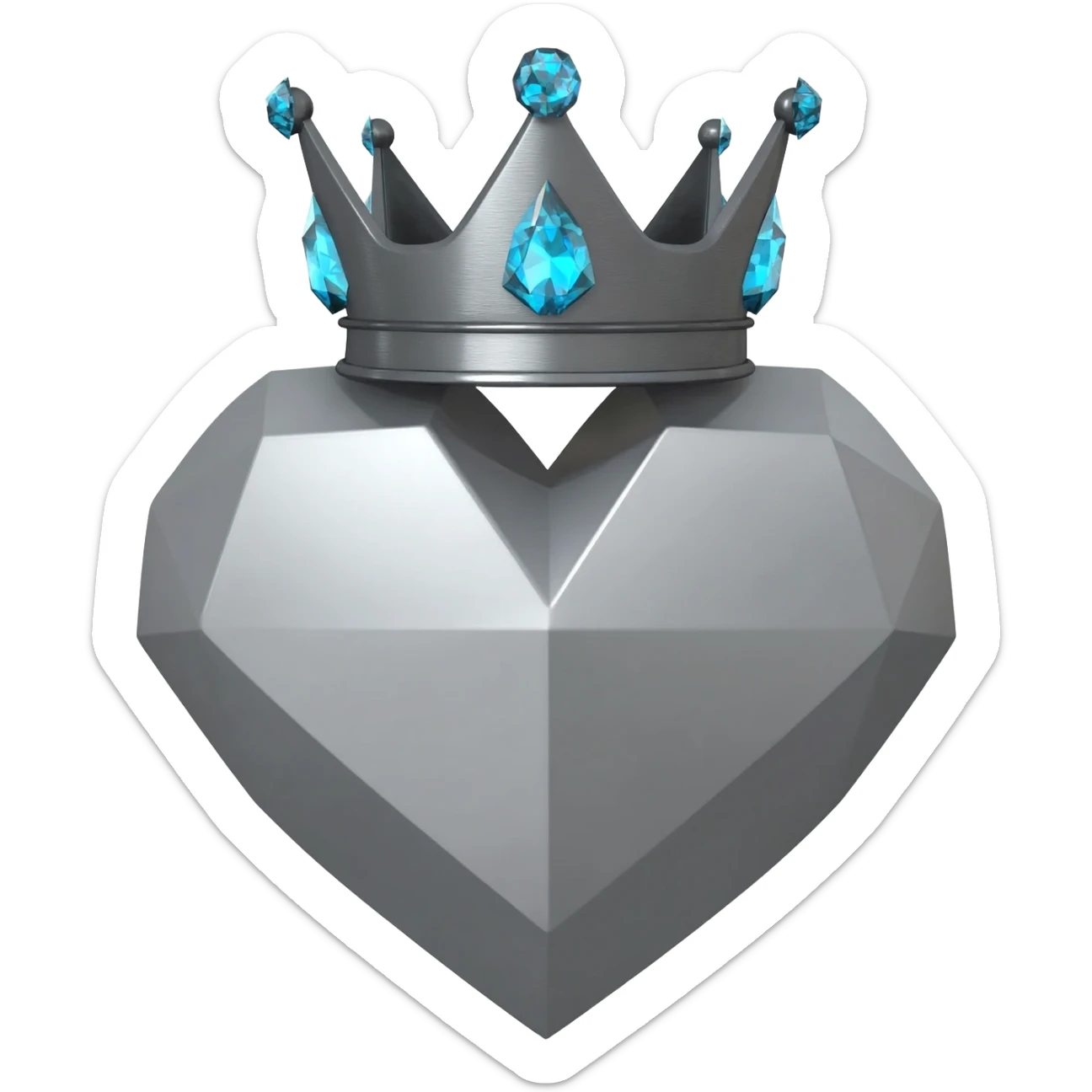 Minimalist 3D emoji based on: a large, sharp geometric heart made of cold, grey brushed steel. Integrated at the top is a severe grey-graphite geometric crown; one large, sparkling light blue diamond is set precisely on each of its points. Soft, even lighting, isolated for sticker quality sticker