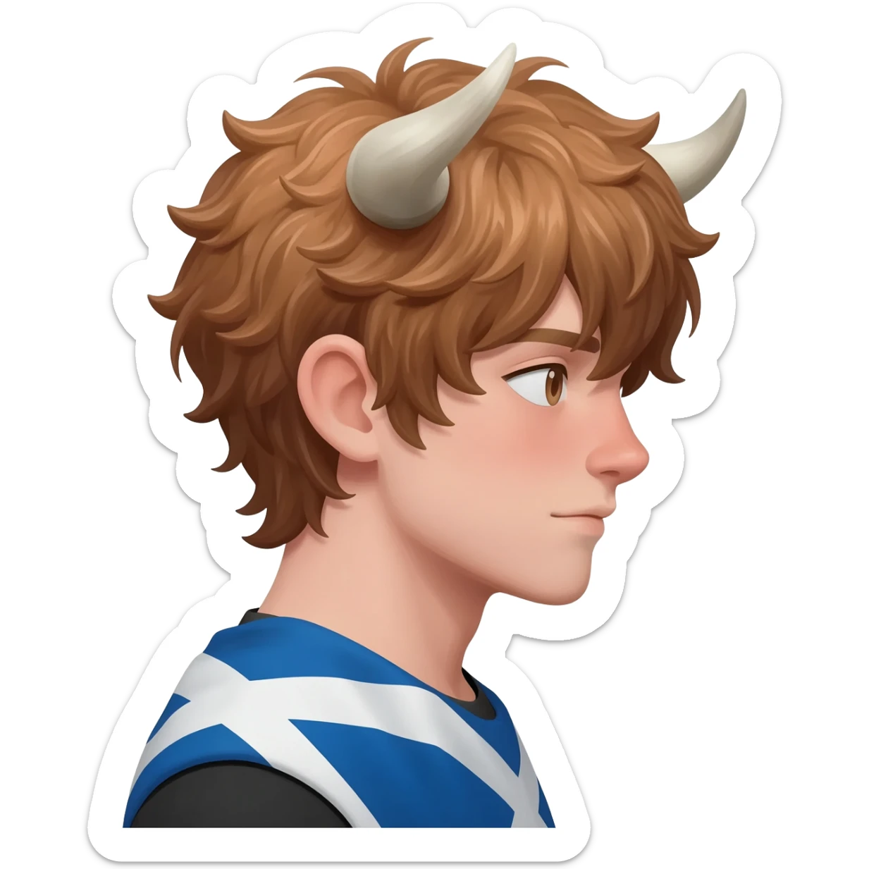 curly femboy without human ears with messy light brown bangs covering the eyes with bull horns and bull ears with scottish flag on his shoulders side view sticker
