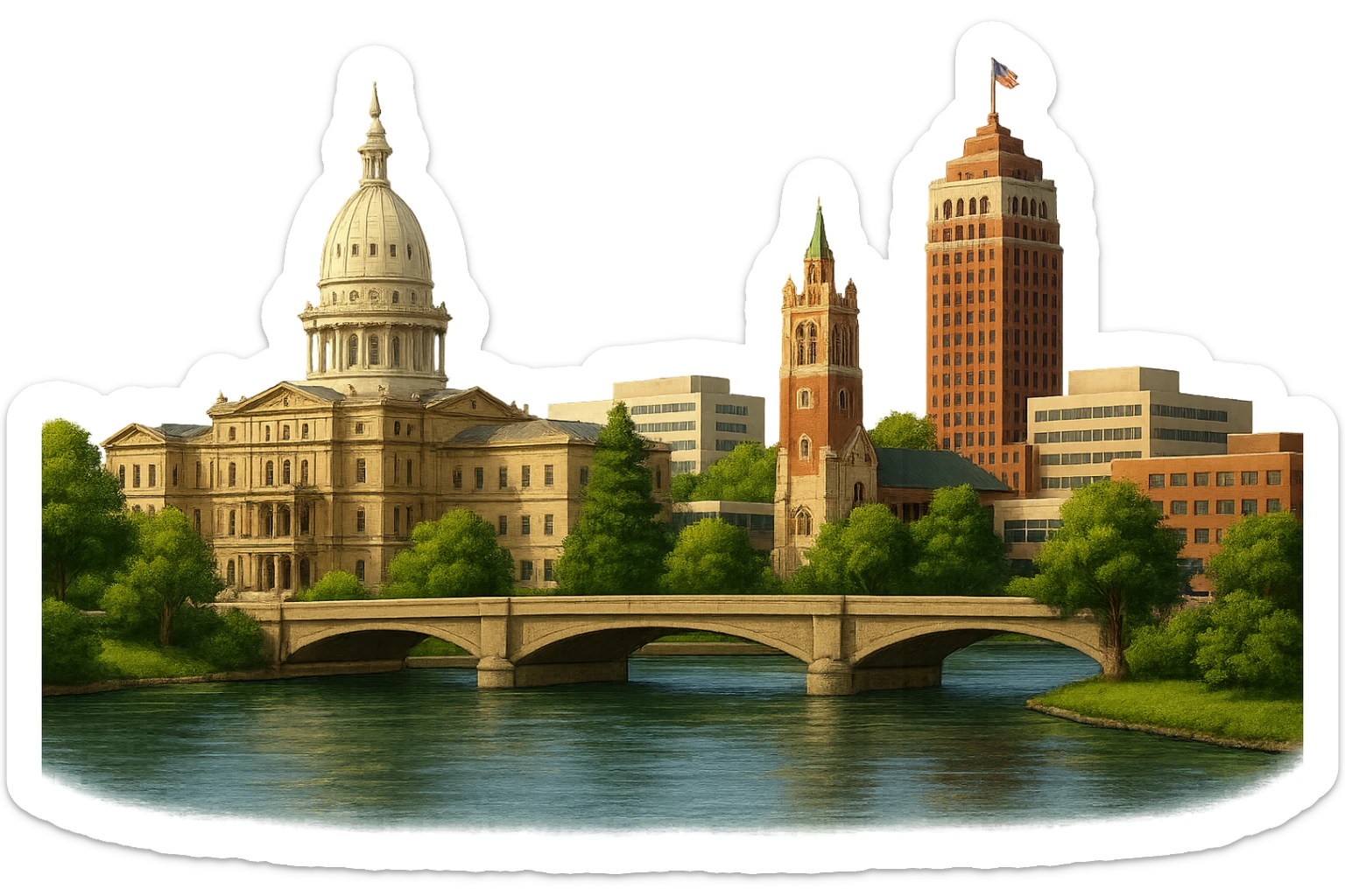 cinematic realistic emoji of Lansing Michigan wide city view with iconic landmarks Michigan State Capitol Michigan State University campus Boji Tower Grand River lifelike detail accurate colors bright daytime lighting no sky no clouds no city name label sticker