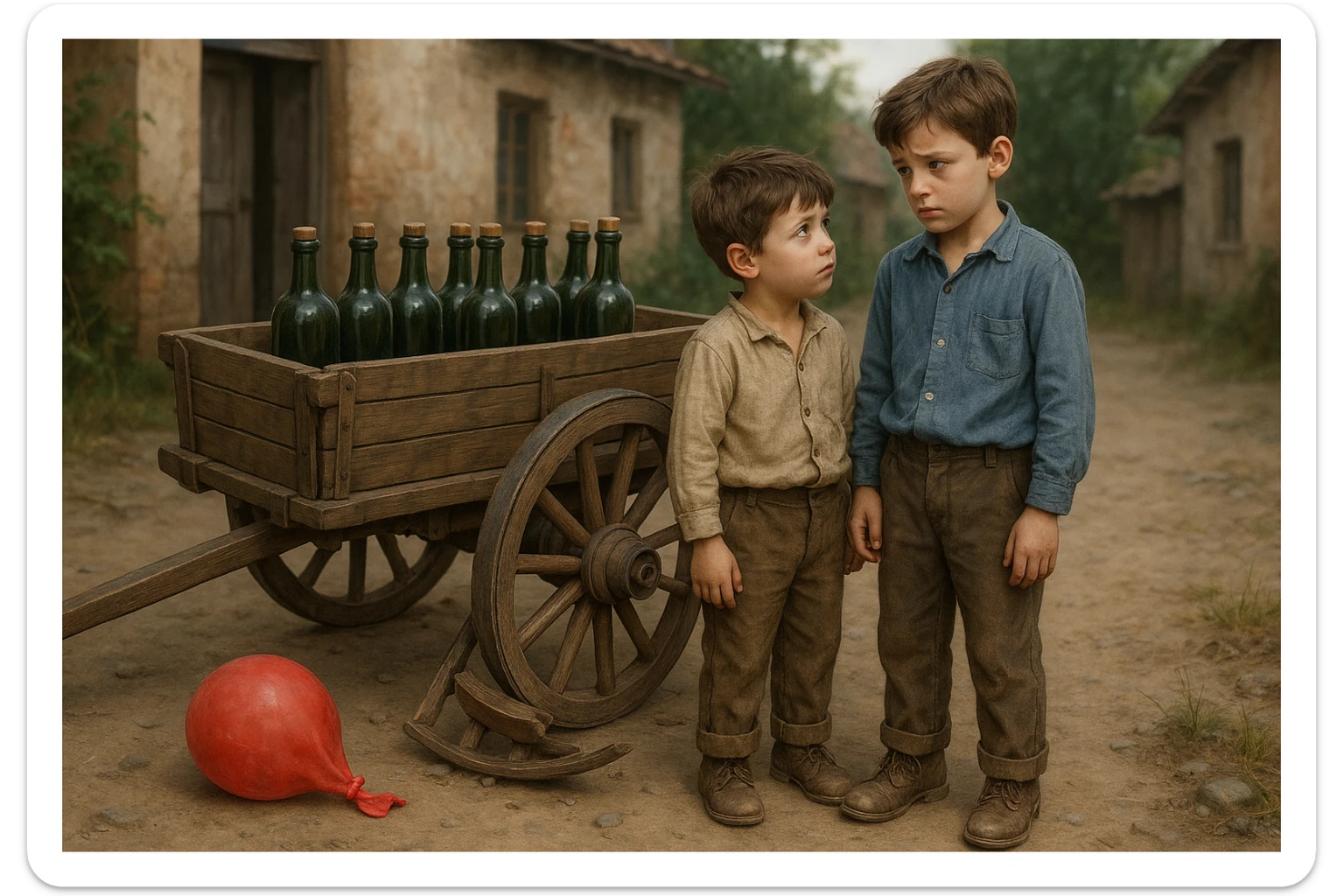 g'ildiragi singan ichimliklar ortilgan arava bir baloni singan uni yonida aka uka havotirli nigoh bilan bir biriga qarab turishibdi realistik qilib ber sticker