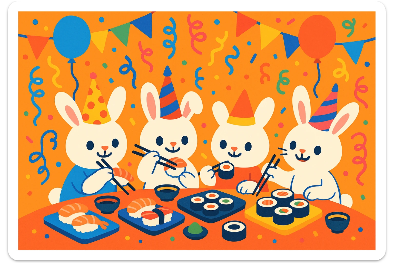 four bunny rabbits eating sushi at a birthday party, festive, colorful, cute, party hats, birthday decorations sticker