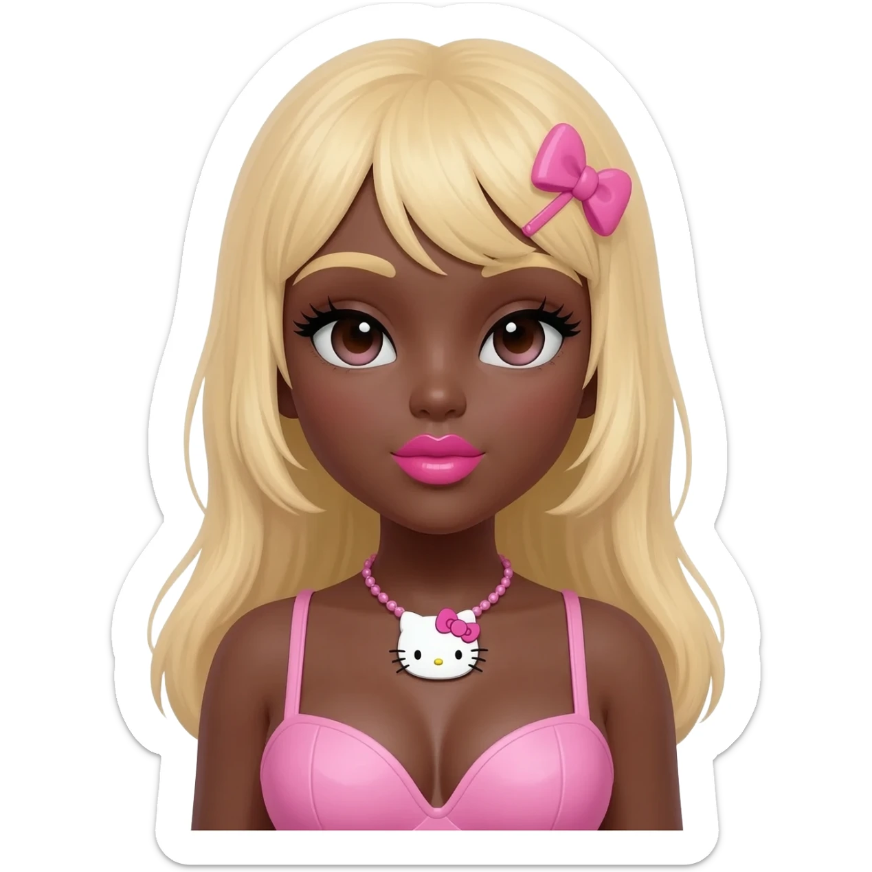 heart shaped lips, cute glossy lips, doll eyes with long lashes, dark brown skin, blonde hair, big chest, hello kitty necklace, one bow clip, bimbocore outfit sticker