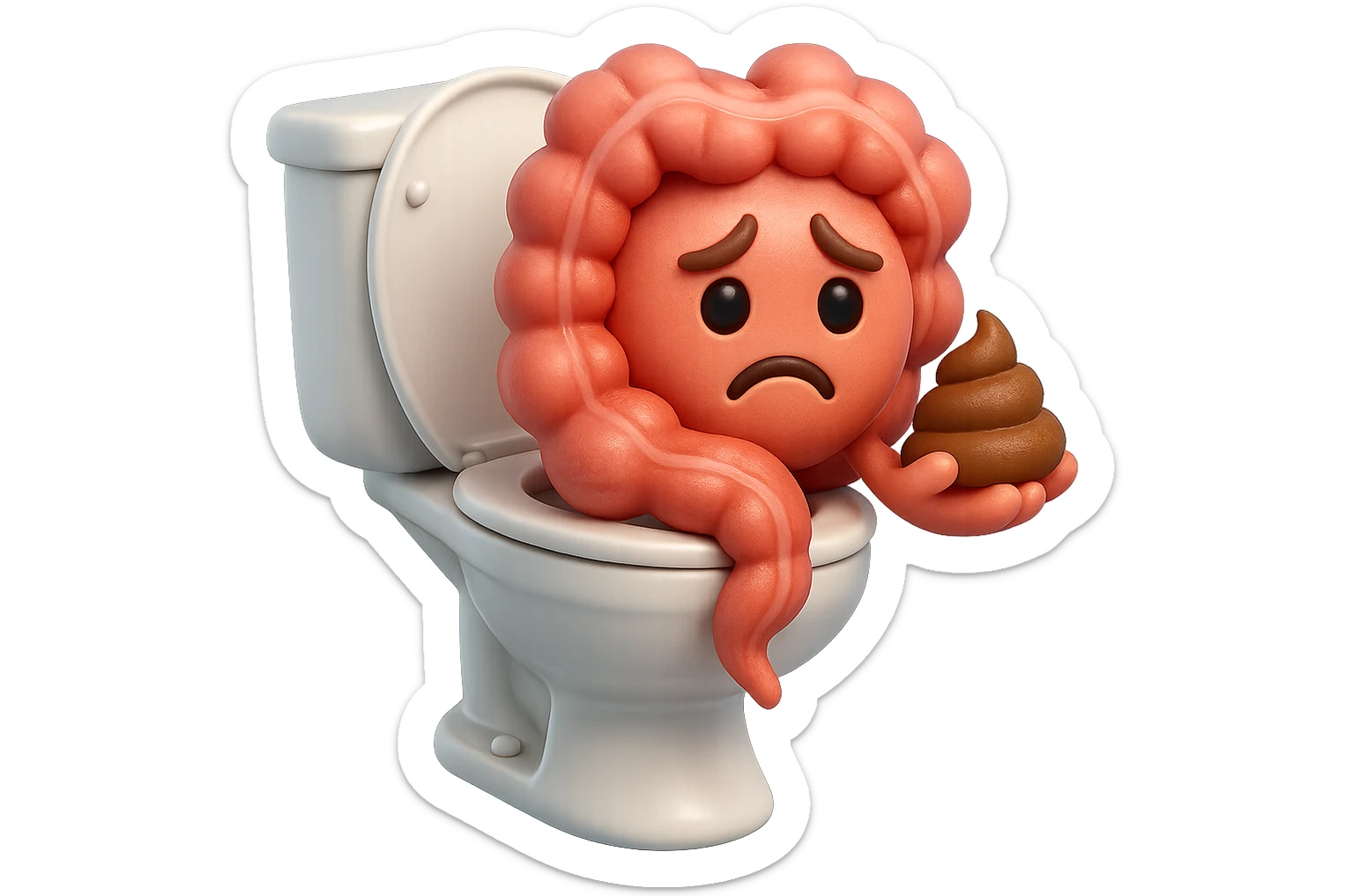 emoji stile iphone di un intestino realistico 3d che esce dal wc con in mano una montagnetta di feci con espressione triste a palline, iperrealistico 4k sticker