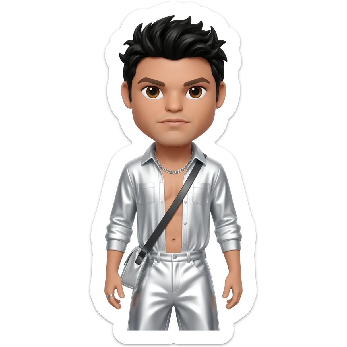 AJ McLean from Backstreet Boys with brown eyes, black hair, white metallic shirt, white metallic baggy pants, silver necklace sticker