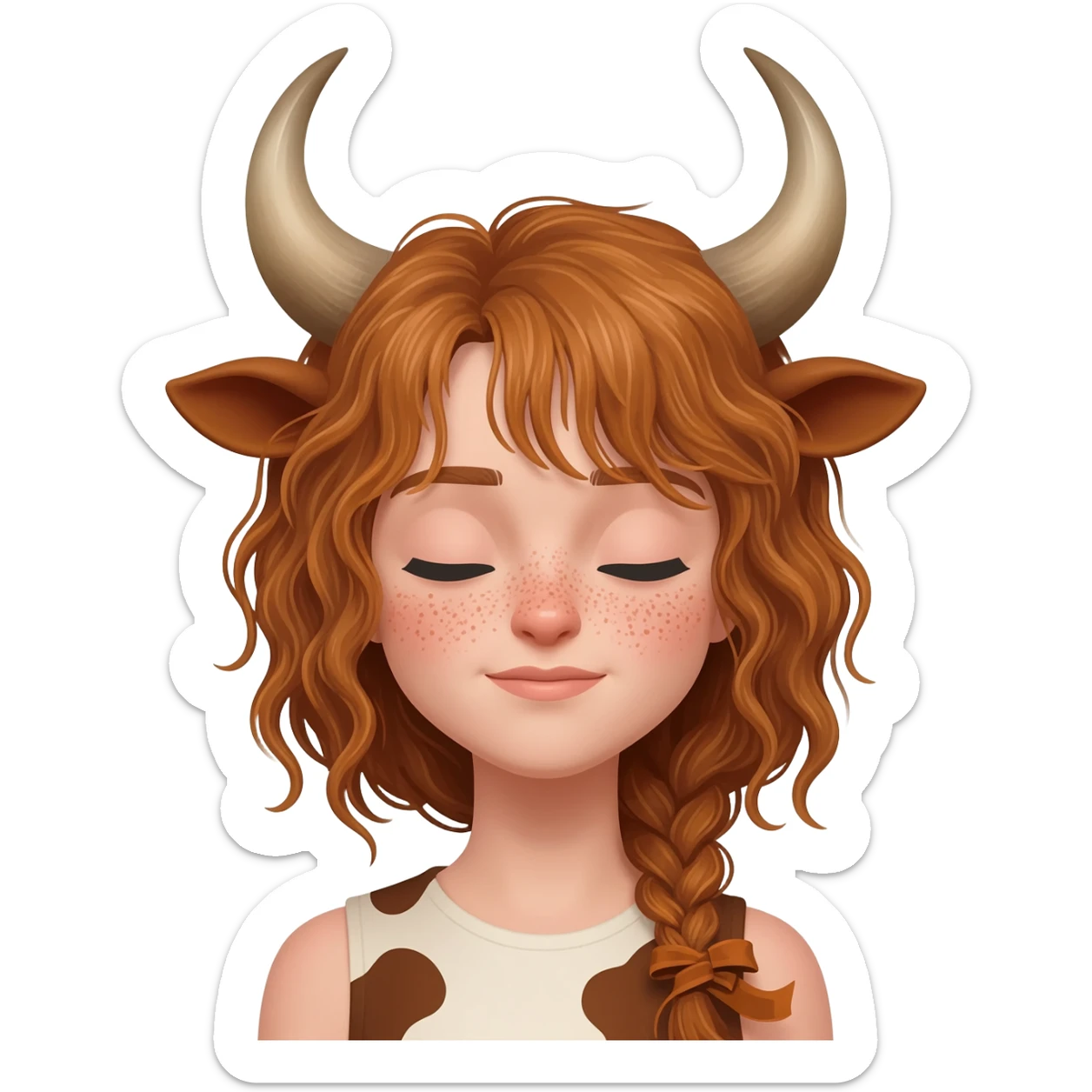 curly woman with freckles with messy light brown bangs covering the eyes with cow horns and cow brown ears with ribbon in her hair sticker