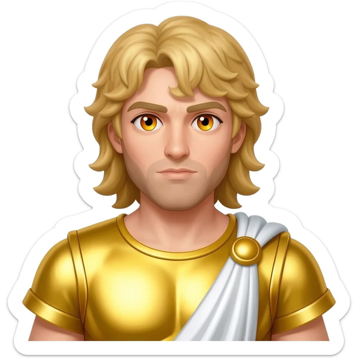 Apollo from Roman Mythology with amber eyes, long blonde hair, yellow metallic tunic, white metallic cloak sticker