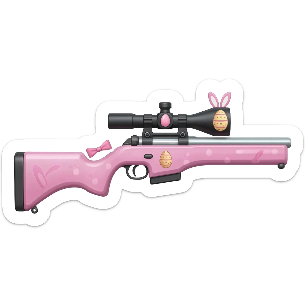easter theme sniper rifle like with bunny ears and eggs and pink and a tie bow sticker