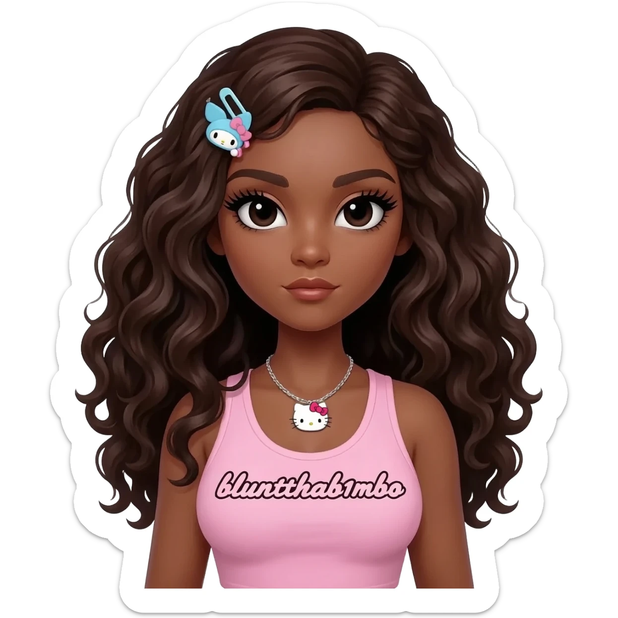 Long giant lashes, my melody hairclip, Doll faced shaped, hello kitty necklace, bimbo, black doll eyes, barbie, dark brown skin with long curls dark brown hair, light pink bimbo sleeveless shirt says "bluntthab1mbo", big breast sticker