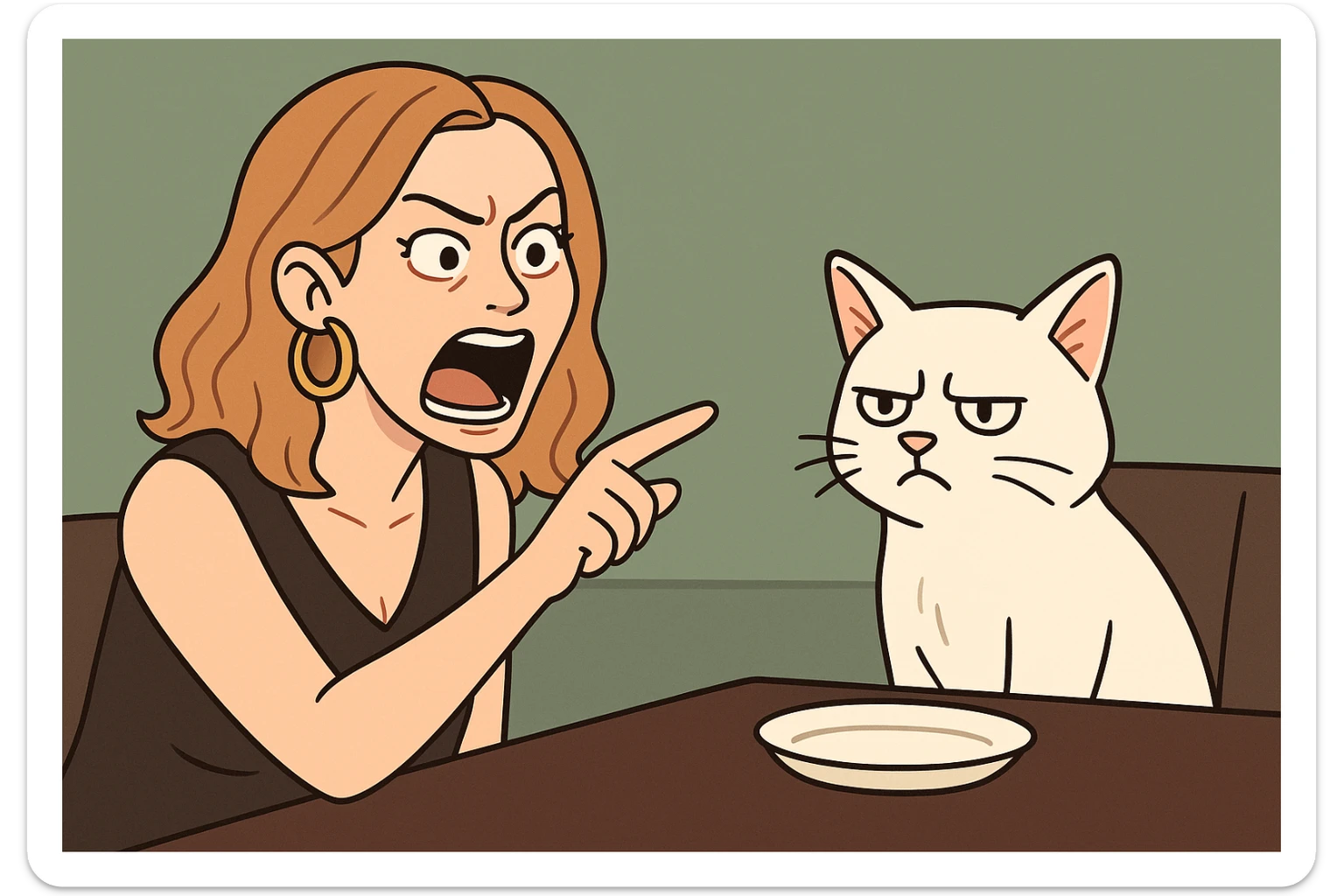 Woman yelling at cat meme, woman on left yelling, white cat on right sitting at table, cartoon style sticker