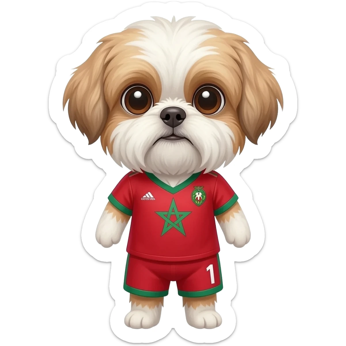 white and light brown shih zhu wearing a morocco soccer jersey v neck 2026 work cup sticker