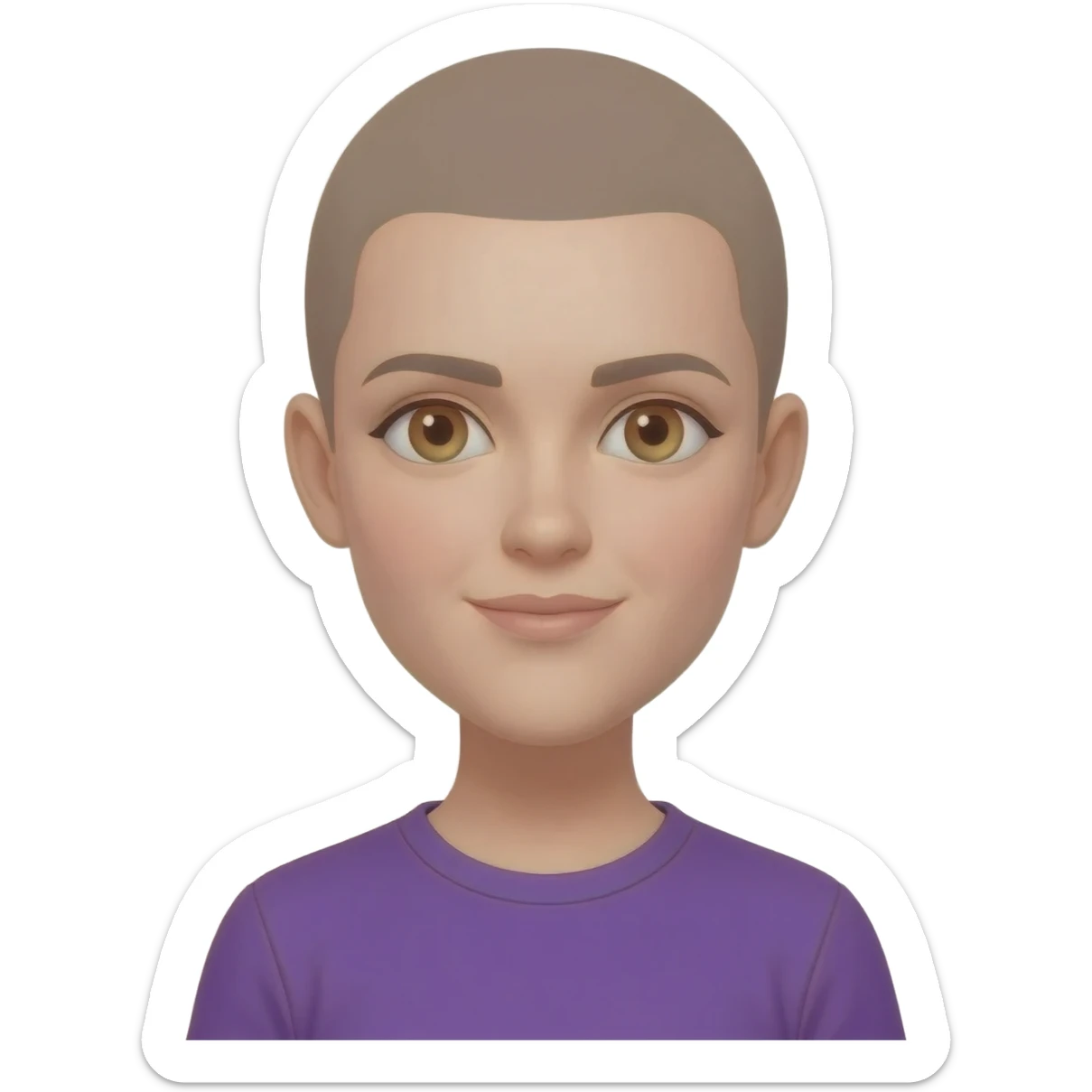 White skin ,  female, light brown buzzcut, purple shirt, light eyes sticker