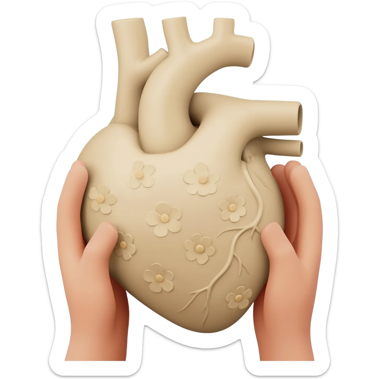 hands holding realistic light beige human heart with beige flowers sticker