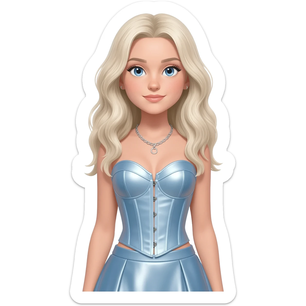 Sabrina Carpenter with blue eyes, long platinum blonde wavy hair, light blue metallic corset, light blue metallic skirt, silver necklace sticker