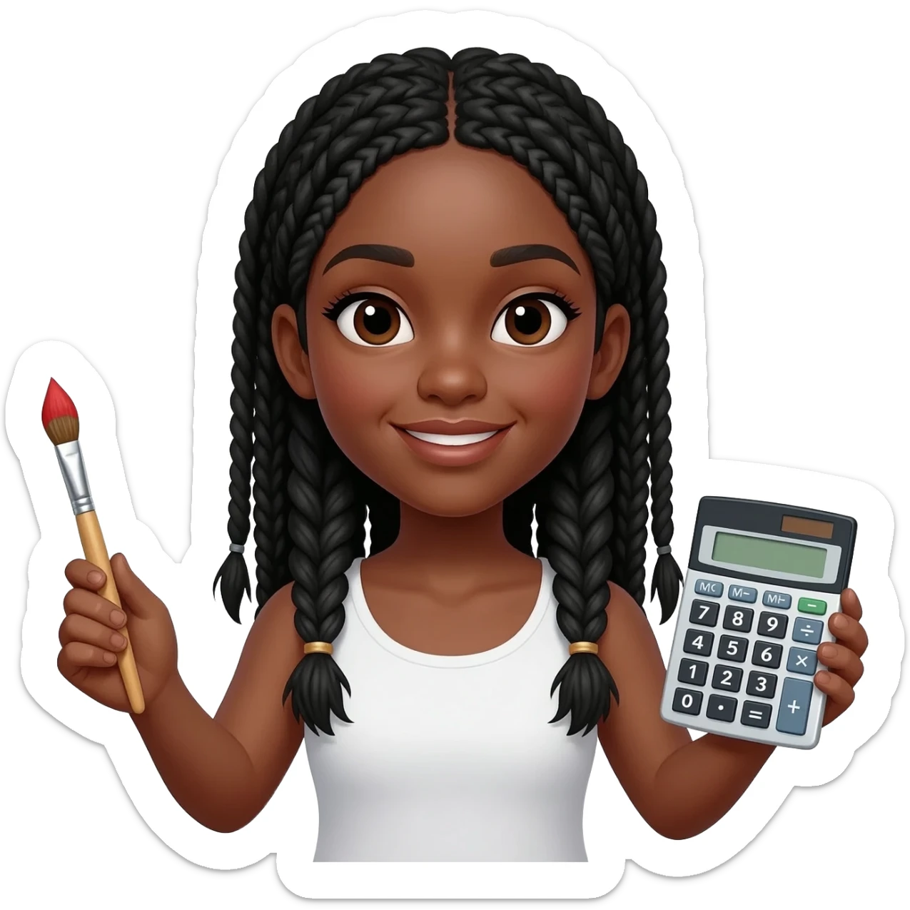 Émoji représentant une femme peau marron avec des longues nattes noires, tenant un pinceau dans une main et une calculatrice dans l'autre sticker