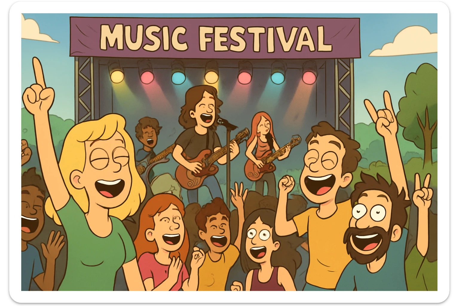 music festival, vibrant outdoor scene, crowd, stage, colorful lights, energetic atmosphere, cartoon style sticker