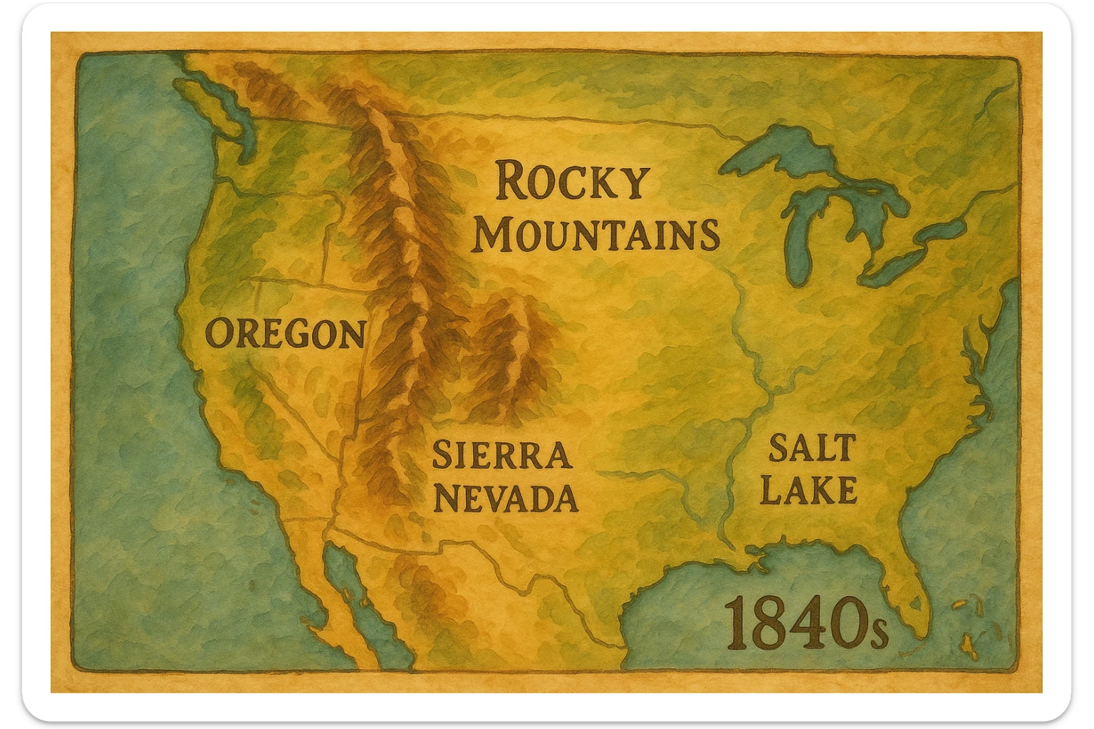 A topographical map of the USA in the 1840s which labels the Rocky Mountains, Oregon, California, Sierra Nevada mountains and Salt Lake sticker