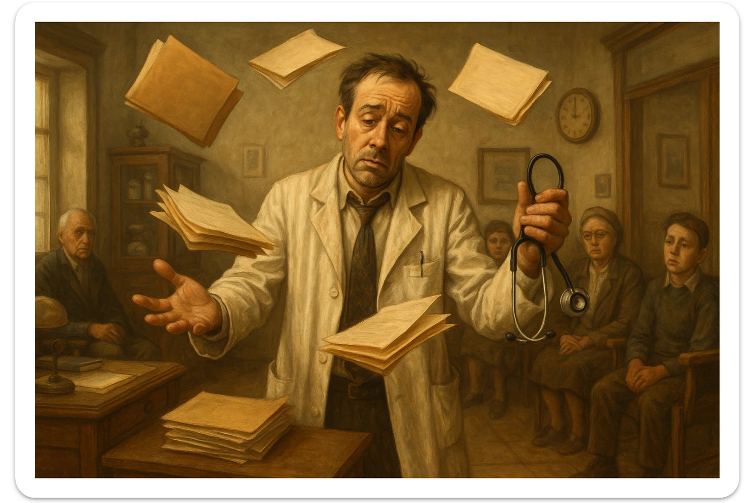 A tired doctor juggling patient files and a stethoscope, surrounded by waiting patients, no computers or tablets, vintage medical office sticker