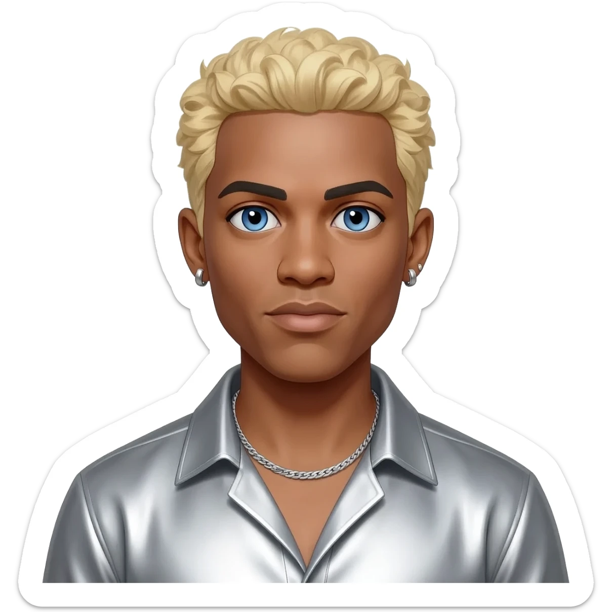 Vanilla Ice with blue eyes, sandy blonde hair, silver metallic shirt, silver necklace and short earrings sticker