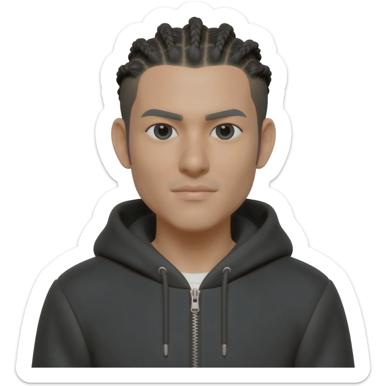 white asian male wearing hoodie jacket with no mustache conrow braids sticker