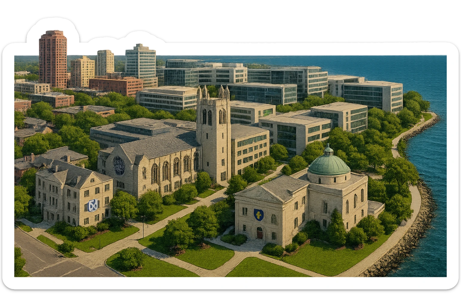 cinematic realistic emoji of Evanston, Illinois panoramic cityscape with Northwestern University campus central and prominent, Sigma Chi International Fraternity Headquarters, Levere Memorial Chapel Sigma Alpha Epsilon HQ, Lake Michigan, downtown Evanston, lifelike detail, accurate colors, bright daylight, no sky, no clouds sticker