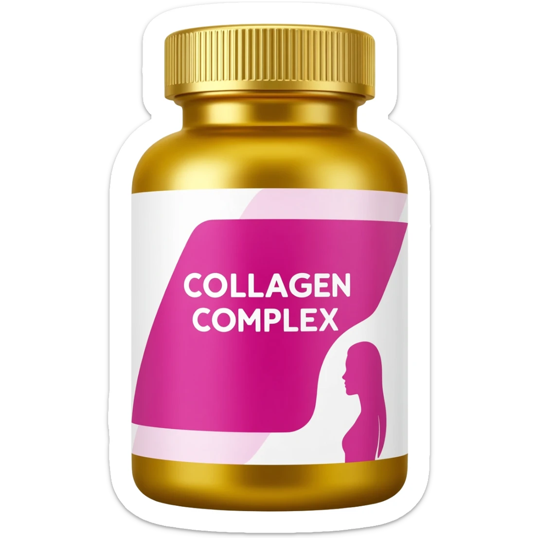 product of a golden plastic supplement bottle with a ribbed gold cap. The label features a white and pink geometric design with a bold magenta center panel. The text reads “COLLAGEN COMPLEX” in large white letters. A minimal silhouette of a woman’s profile appears on the right side of the label. sticker