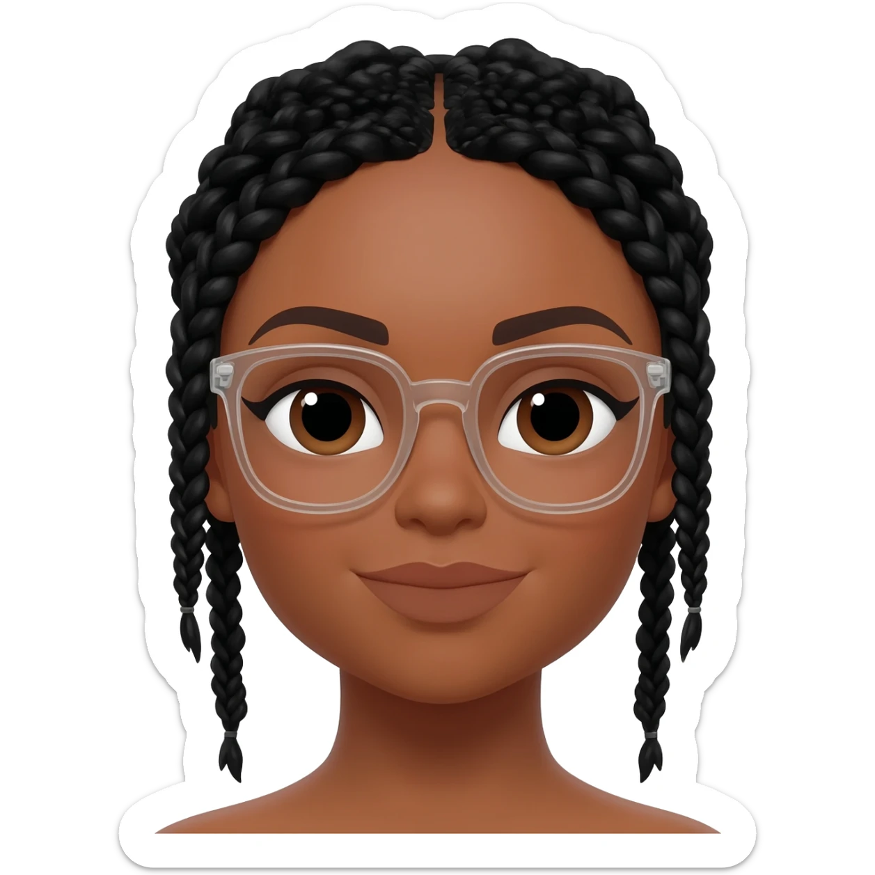 Make her have light brown skin and dark brown eyes with black goddess braids and clear thick glasses sticker
