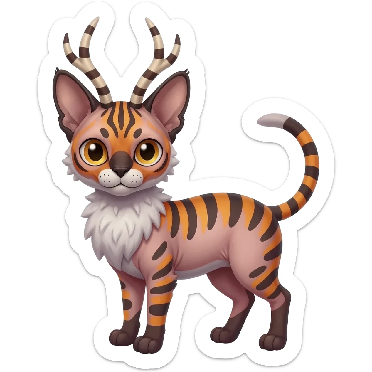 A Colorful  exotic tropical tribal cute happy realistic esoteric patterned fluffy furry dark caracal-Lykoi-bobcat-sphynx-genet-serval-Fakémon-fursona-hybrid-fusion-animal-creature, full body, 4-legged with striped antlers sticker