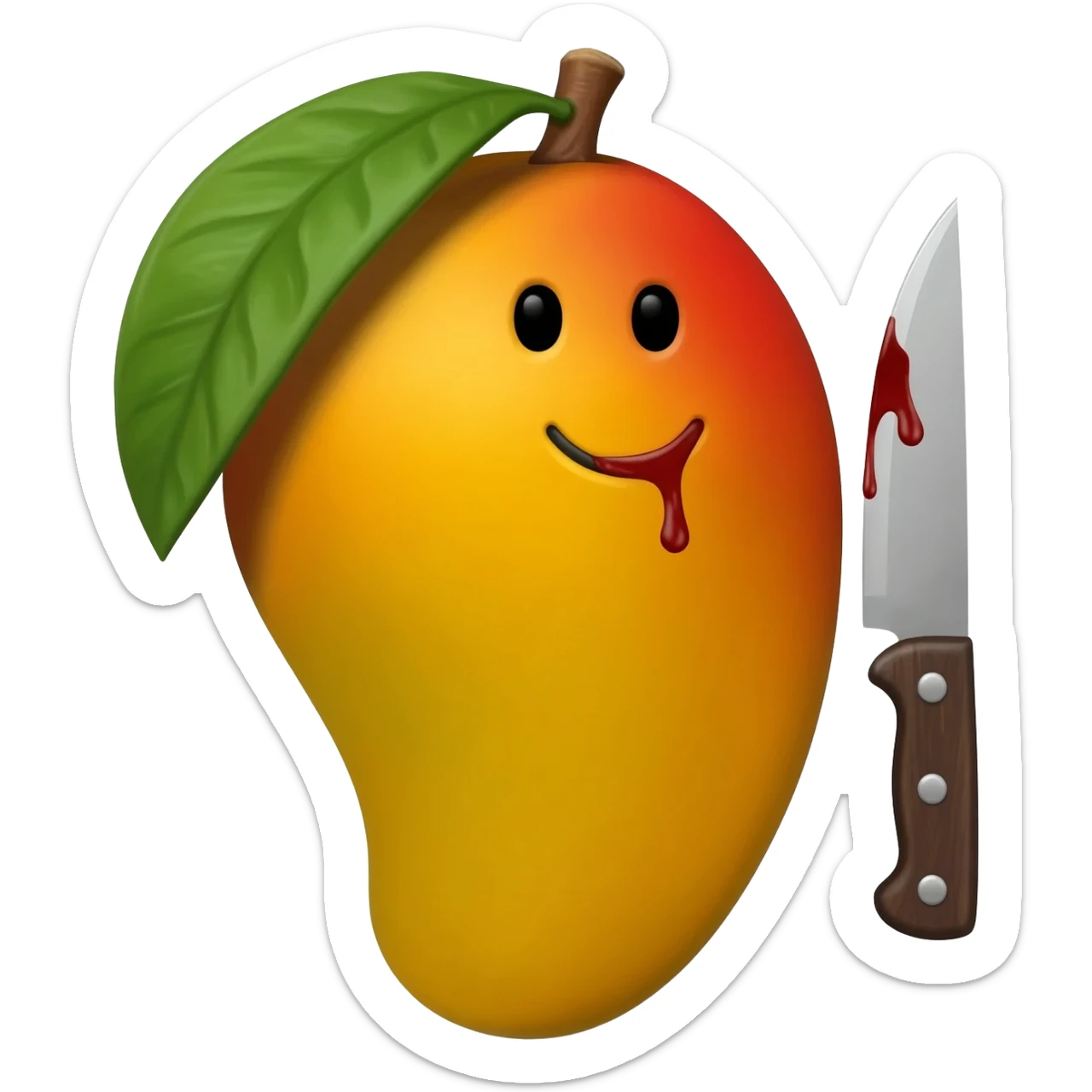 a mango with a smiley face and a bloody knife sticker