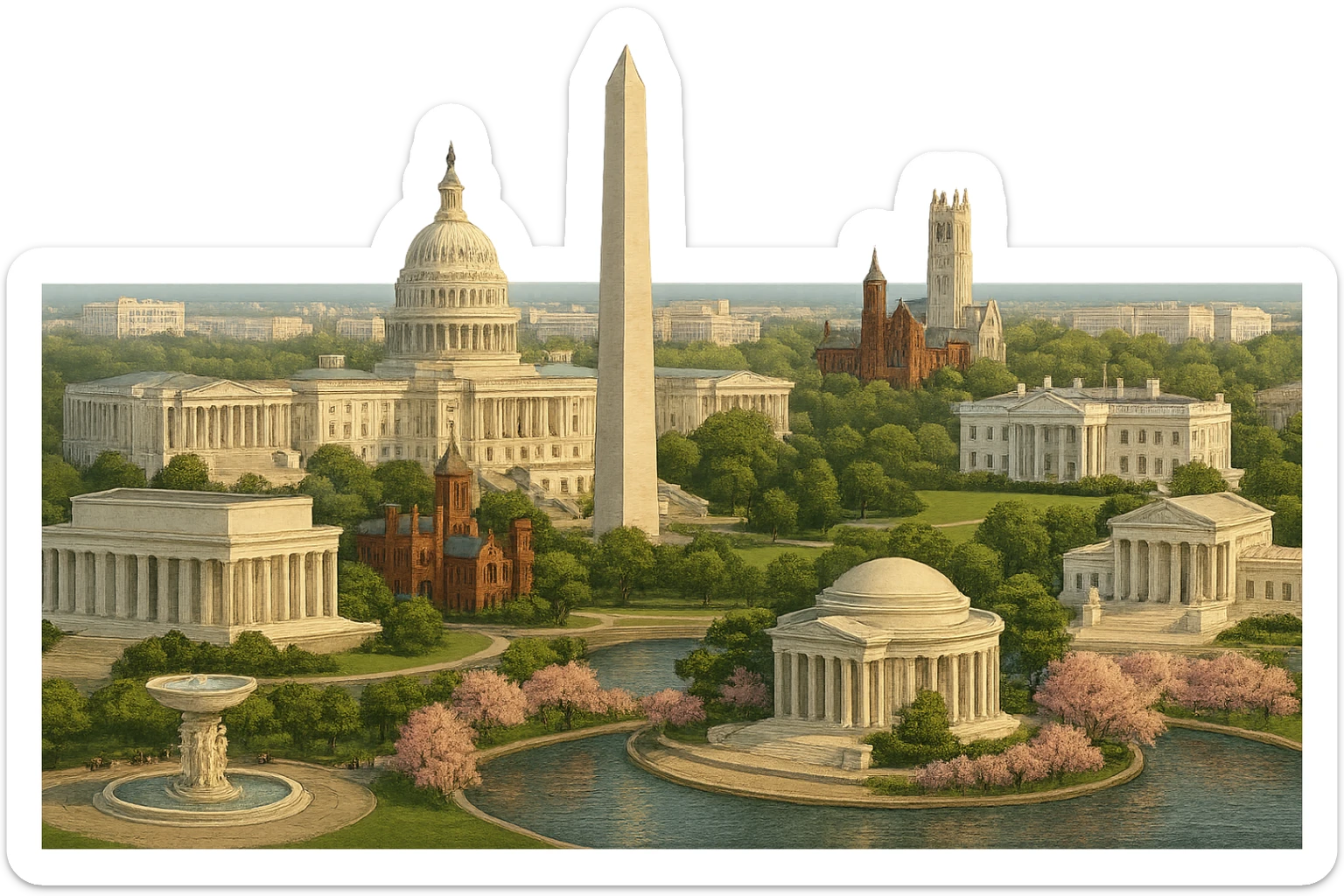 cinematic realistic emoji of Washington DC, wide city view featuring US Capitol, Washington Monument, Lincoln Memorial, Jefferson Memorial, White House, Smithsonian Castle, National Cathedral, Supreme Court, Tidal Basin with cherry blossoms, and Dupont Circle Fountain. Lifelike detail, accurate colors, bright daytime lighting, no sky, no clouds, no city name label, transparent background, no duplicate landmarks, balanced composition. sticker