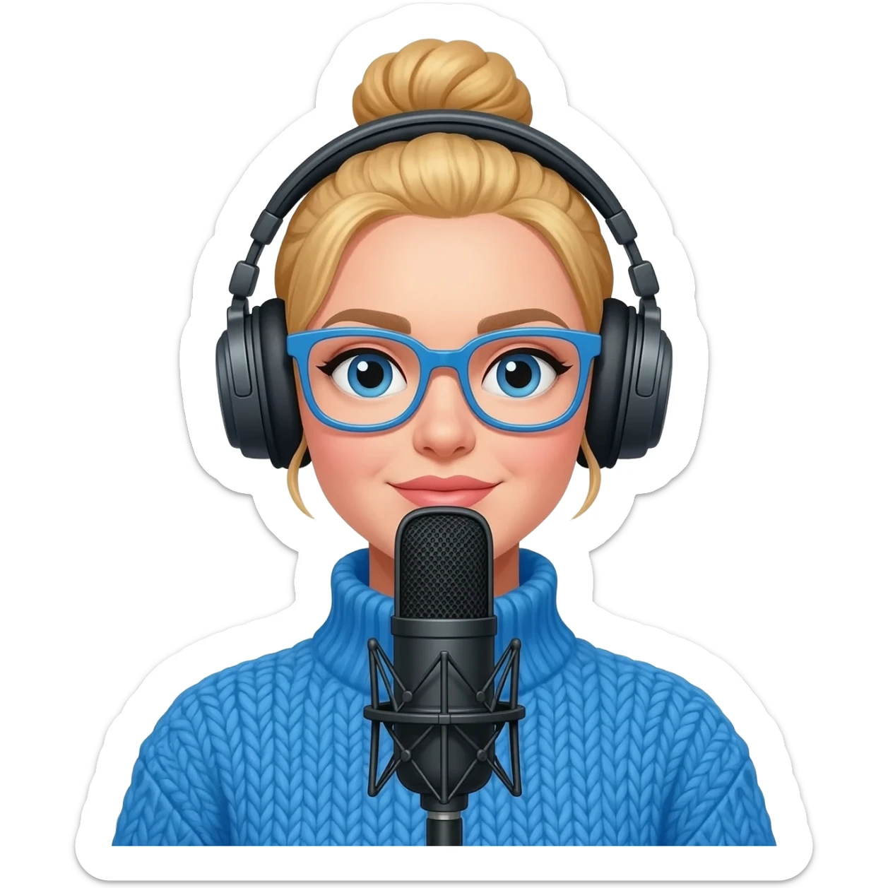 a girl with blue knitwear with a blonde hair
bun, blue glasses and her job is a podcaster (condenser microphone in front of her face and a headphone in her head) sticker