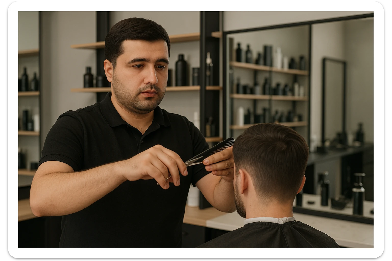 shu odamni sartaroshxonada mijozlarni sochini olayotganin  tasvirlab ber juda yosh ham katta ham bo'lmasin semiz ham bo'lib ketmasin o'smirin davrini yuzi ko'rinmasin sticker