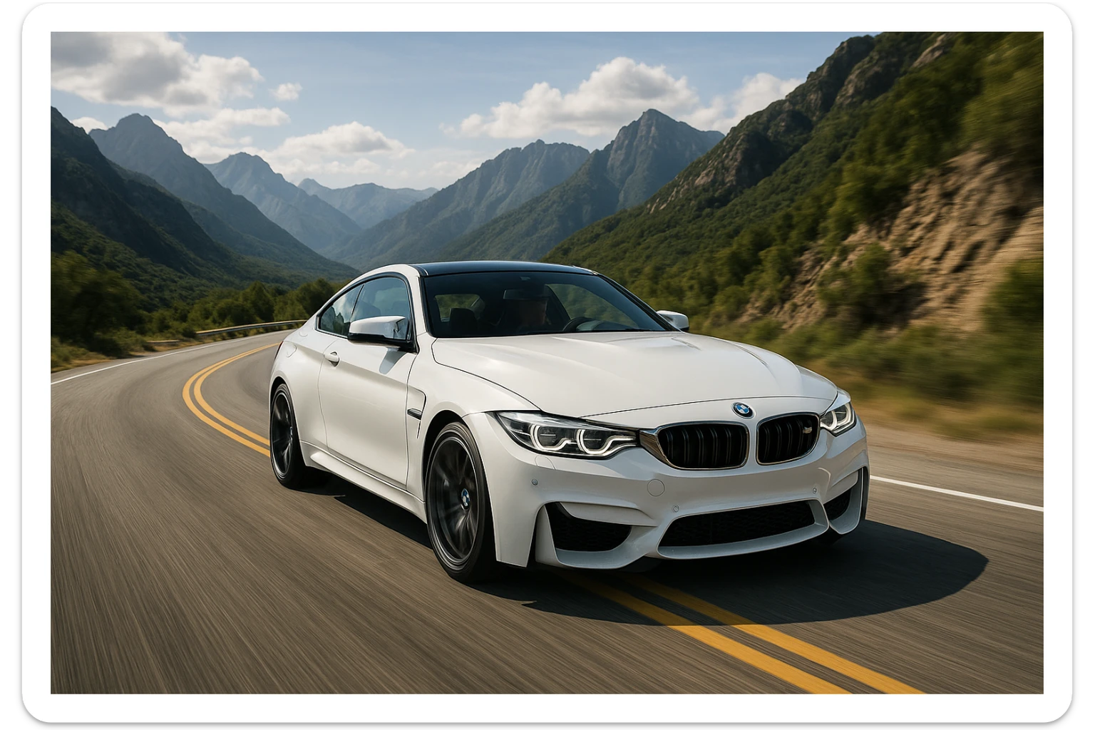 BMW M4 blanco conduciendo en una carretera de montaña, vista dinámica, fondo de montañas, estilo realista, sin personas, fondo detallado sticker